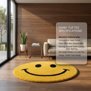 Pu&ograve; includere: Un tappeto rotondo giallo, fatto a mano, con un design a faccina sorridente nera. Realizzato in 100% lana della Nuova Zelanda, ha un supporto in tela di cotone naturale e lattice. L'altezza del pelo &egrave; media-alta.