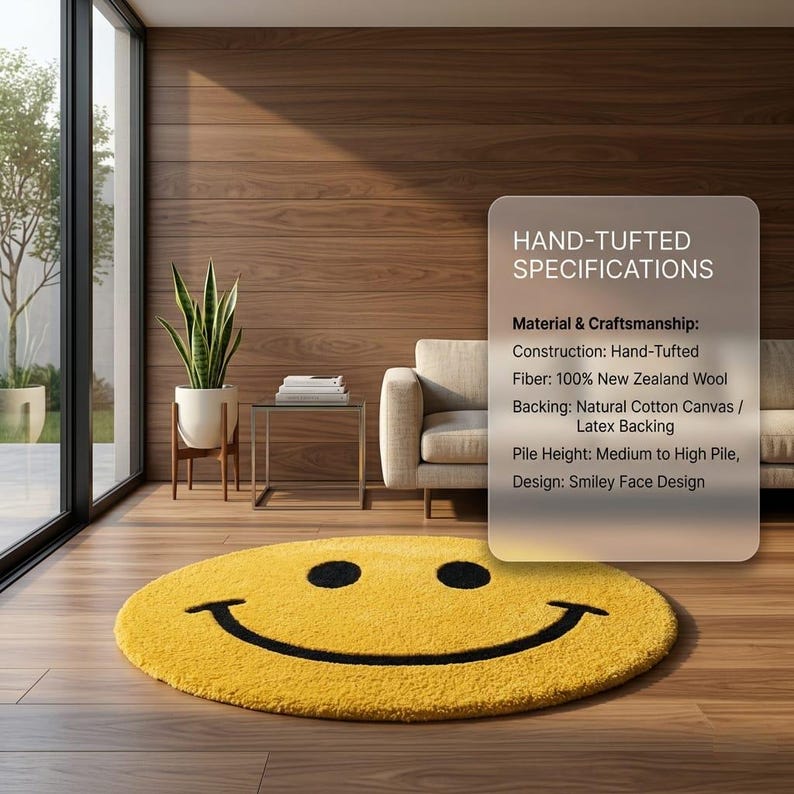 Pu&ograve; includere: Un tappeto rotondo giallo, fatto a mano, con un design a faccina sorridente nera. Realizzato in 100% lana della Nuova Zelanda, ha un supporto in tela di cotone naturale e lattice. L'altezza del pelo &egrave; media-alta.
