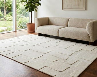 Geometric Wool Area Rug 6x9 8x10, Modern Cream Abstract Carpet | Handtufted Wool Rug for Living Room Bedroom | Custom Size Available