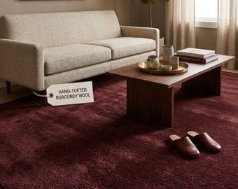 Solid Burgundy Area Rug 6x9 8x10, Hand Tufted Wool Rug, Modern Wine Bedroom Carpet, Soft Luxury Living Room Rug, 8x10 9x12 Area Rug