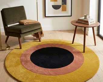 Mid Century Modern Round Area Rug 7ft 6ft 8ft, Geometric Circle Rug, Mustard Yellow Black Pink Accent Rug, Living Room Bedroom Carpet