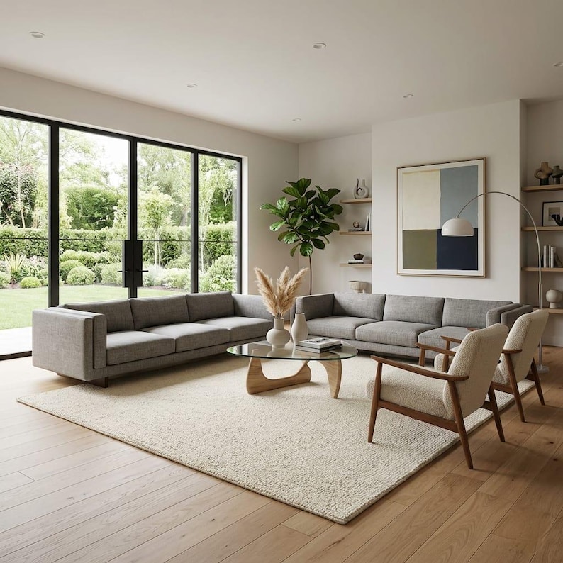 May include: A modern living room with two gray sofas, a glass-top coffee table, and two armchairs. A large rug covers the floor, and a large window offers a view of the outdoors. A large abstract painting hangs on the wall.