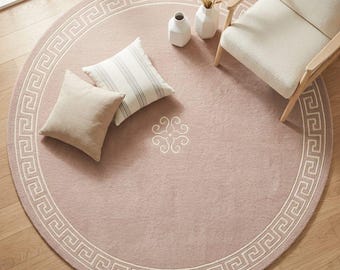 Blush Pink Round Area Rug 6ft 7ft, Greek Key Wool Rug, Hand Tufted Circular Carpet, Modern Bedroom Rug, Soft Pink Home Rug