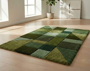 Hand-Tufted Wool Area Rug 6x9 8x10, Green Geometric Patchwork Area Rug, Modern Abstract Living Room Carpet 9x12