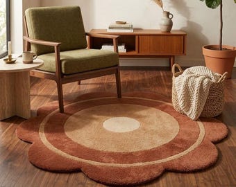 Scalloped Round Area Rug 7ft, Boho Floral Shape Rug, Hand Tufted Wool Rug, Teracotta Beige Living Room Rug, Modern Abstract Circle Rug 6ft