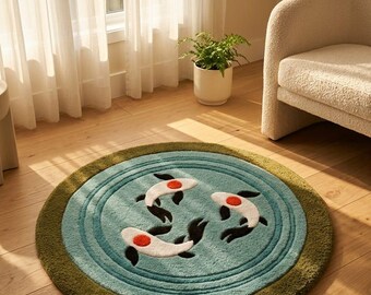 Koi Fish Round Area Rug 5x5 6x6, Hand Tufted Wool Rug, Japanese Zen Rug, Blue Green Rug for Living Room Bedroom