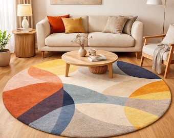 Abstract Round Hand Tufted Wool Rug 9x9ft, Geometric Multicolor Wool Carpet, Contemporary Living Room Decor
