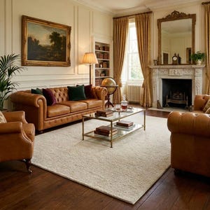 May include: A luxurious living room featuring a brown leather Chesterfield sofa and matching armchairs. A glass-top coffee table sits on a cream-colored rug. The room includes a fireplace, a large mirror, and a landscape painting.