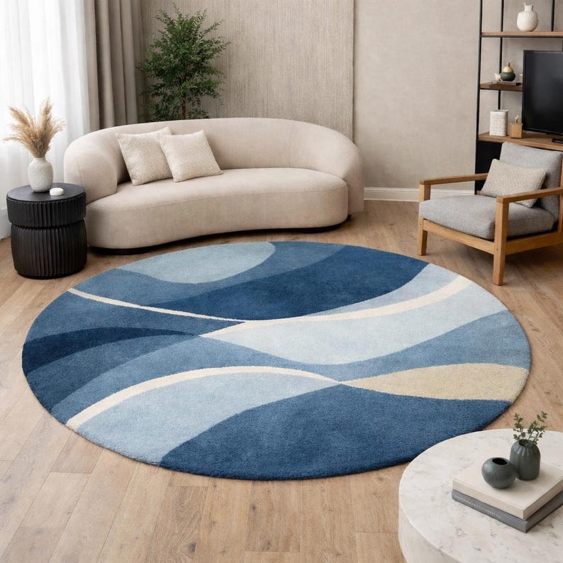 7x7 Hand Tufted Blue Round Area Rug | Modern Abstract Blue Wave Carpet ...