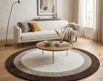 Modern Round Area Rug 6ft 7ft 8ft | Neutral Circle Rug | Cream Brown Minimalist Rug | Living Room Carpet | Soft Contemporary Floor Rug