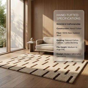 Puede incluir: Una alfombra rectangular, hecha a mano, con un dise&ntilde;o geom&eacute;trico minimalista moderno. Presenta un fondo crema con acentos rectangulares marr&oacute;n oscuro espaciados. Las especificaciones incluyen 100% lana de Nueva Zelanda y una altura de pelo media a alta.