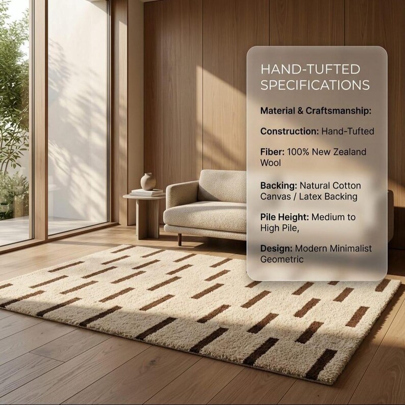 Puede incluir: Una alfombra rectangular, hecha a mano, con un dise&ntilde;o geom&eacute;trico minimalista moderno. Presenta un fondo crema con acentos rectangulares marr&oacute;n oscuro espaciados. Las especificaciones incluyen 100% lana de Nueva Zelanda y una altura de pelo media a alta.