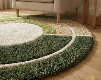 8ft Round Hand-Tufted Wool Area Rug, Abstract Green Geometric Rug, Modern Living Room Carpet 6ft 9ft