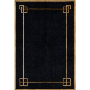 May include: A rectangular black rug with a gold border and geometric corner designs. The rug's dark colour and simple design create a modern aesthetic. The rug is suitable for living rooms, bedrooms, or entryways.