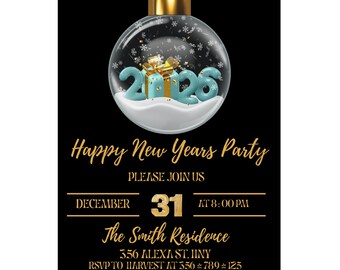 Convite para Festa de Ano Novo 2026, Impressão de Convites, Cartão de Ano Novo, Encontro, Bola de Cristal Feliz Ano Novo, Modelo Digital Editável no Canva