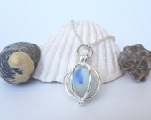 BEACH WEDDING NECKLACE Genuine Sea Glass Marble Caged Beach Glass Marble Mermaid Tears 18" Sterling Silver Chain Wedding Jewelry Pendant