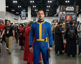 Fallout Vault Dweller Cosplay Costume Jumpsuit | Vault Tec Blue & Yellow Suit | Post Apocalyptic Sci Fi Halloween Outfit Custom