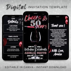 Könnte beinhalten: Digitale Einladungsvorlage für eine 50. Geburtstagsfeier. Das Design zeigt drei Smartphone-Bildschirme mit Veranstaltungsdetails, einschließlich Datum, Uhrzeit, Ort und Kleidung. Die Einladung enthält den Text "Cheers to 50 Years" und "Thank you!"