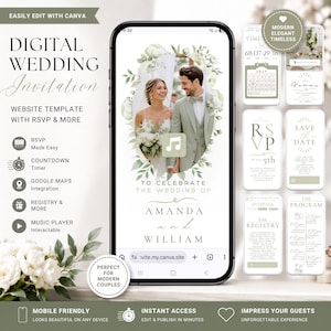 Modello per sito web di matrimonio color verde salvia, invito modificabile su Canva (download digitale)