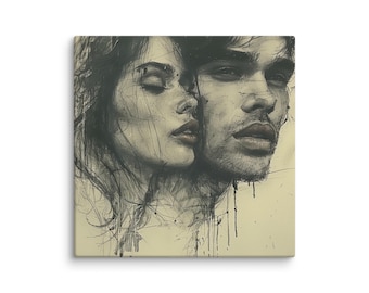 Impresión en lienzo de un boceto de pareja romántica: arte mural de beso en blanco y negro