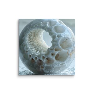 May include: A canvas print featuring a spherical, abstract sculpture. The sculpture is primarily white with a network of holes and a large central opening. Interior details show a textured, layered design with hints of tan.