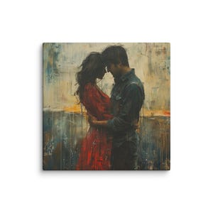 以下が含まれることがあります： 抱き合うカップルの抽象画が描かれた正方形のキャンバスプリント。女性は赤いドレスを着ており、男性は青いシャツを着ています。背景は、落ち着いた色合いで、テクスチャ加工された、ブレンドされた外観をしています。