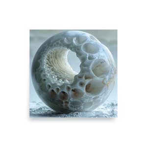 May include: A spherical, abstract sculpture with a large central opening. The sculpture is primarily white with areas of tan and is covered in various sized holes. The interior of the opening has a textured, layered appearance. The sculpture sits on a textured, light blue surface.