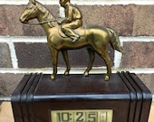 Rare Vintage Flip Clock Plaskon Spelter Figural Horse Art Deco Dated 1950 Equestrian Decor Antique Clock Bakelite