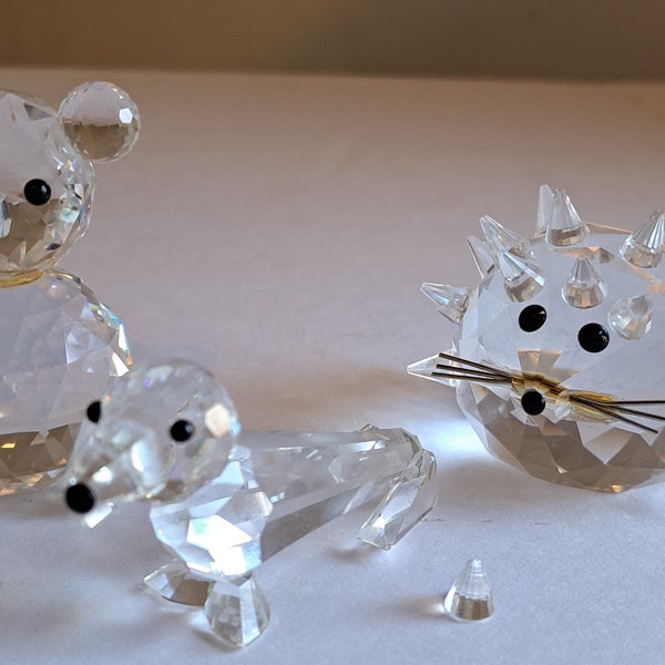 Lot of Three Swarovski Crystal Glass Animals missing parts Hedgehog Porcupine Dachshund Bear Figurine larger size