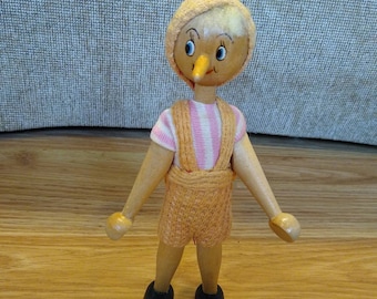 Vintage Wood Poland Doll Peg Doll Pinocchio Wooden  Mid Century Polish Doll