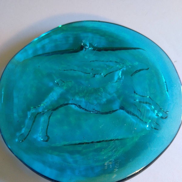 Pretty Blue Running Deer Sun Catcher Suncatcher Vintage Art Glass Hand Blown Blenko Or Other Maker Solid Clear glass