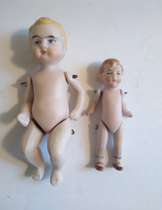 Pair Antique All Bisque Dolls Molded Hair Boy Doll Baby or Boy 