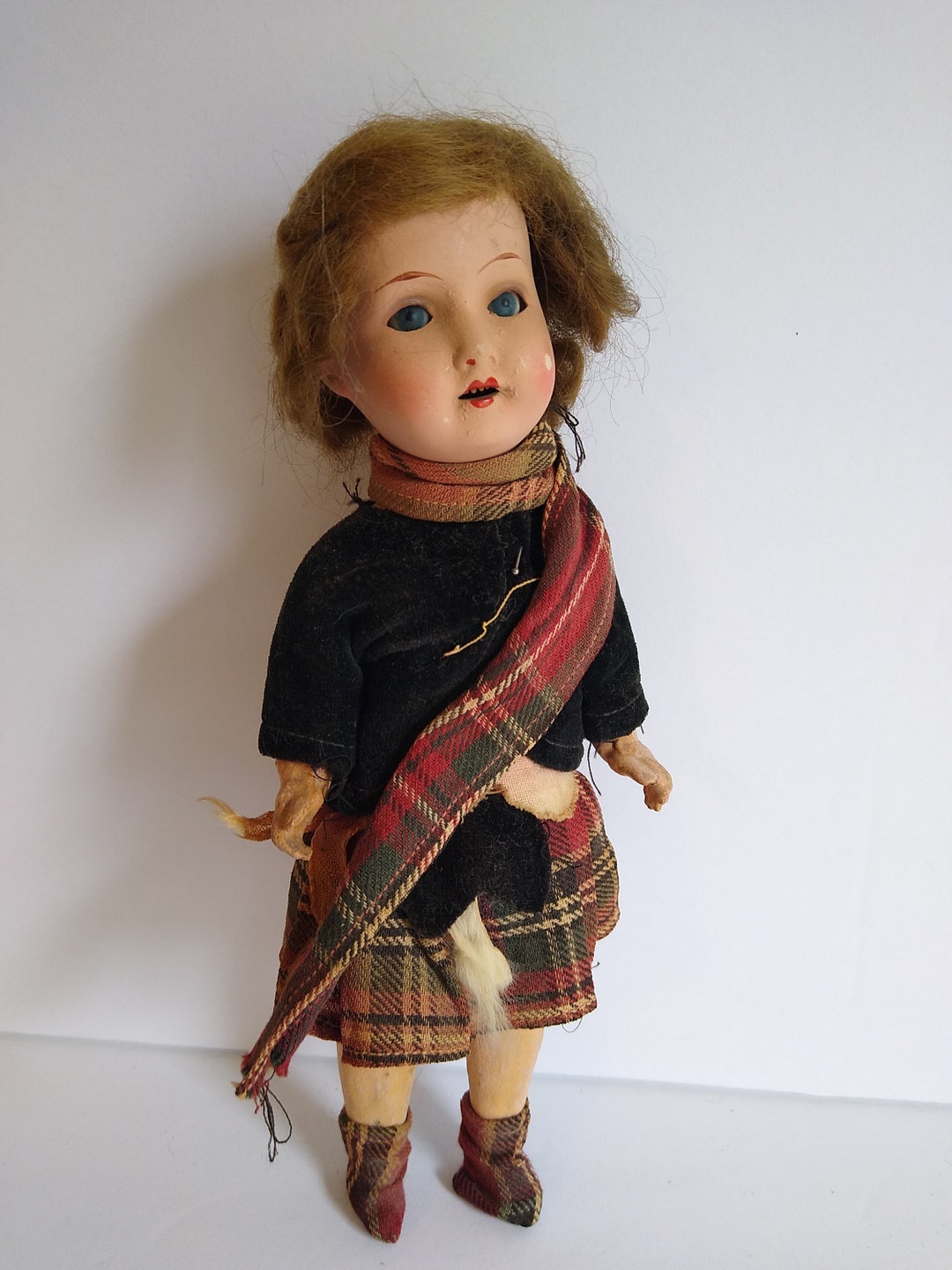 Antique Bisque Doll Head AM 390 Painted Bisque Original Scottish Outfit
