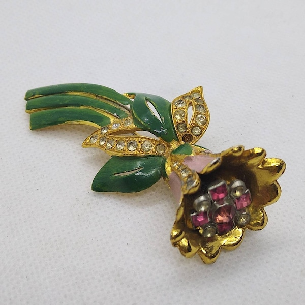 Vintage 1940's Coro Signed Trembler Pin Enamel Paint Flower Trembler Jewelry