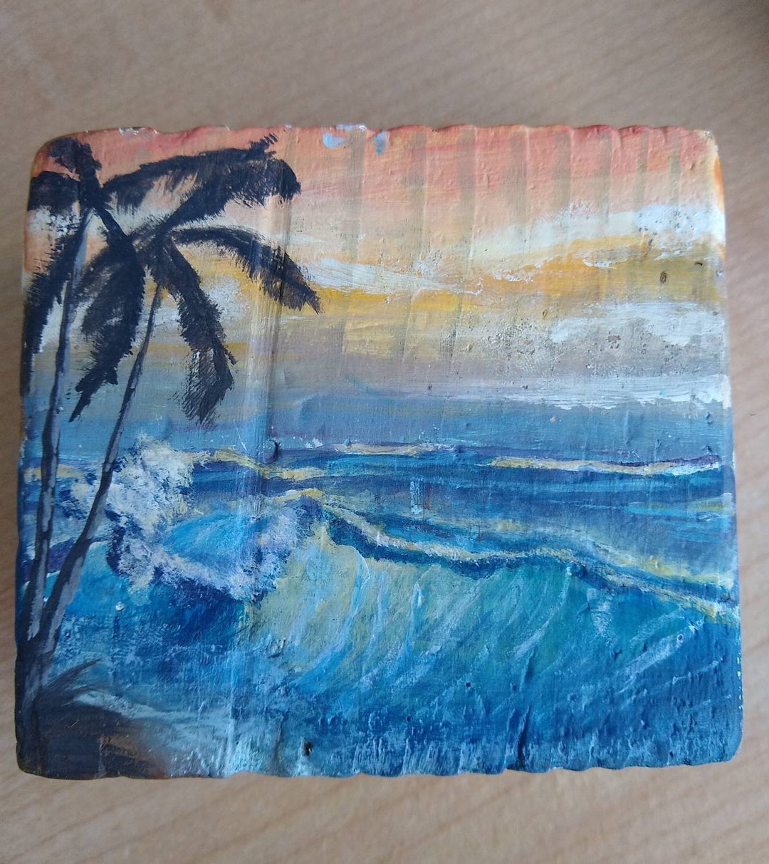 Original Handpainted Beach Scene Miniature Painting Painted Blocks 2 1/ ...