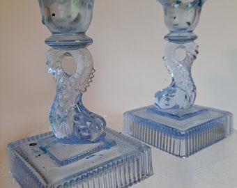 Vintage Imperial Glass Light Blue Dolphin Candlesticks  Pair 5" tall