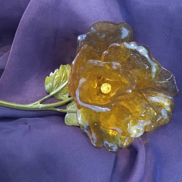 Vintage  1960s Large Yellow Cellulose Acetate Flower Pin on Soft Metal Stem and Rhinestone Center Flower Power 4.25" long
