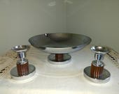 Vintage Farberware Brooklyn Chrome Serving Bowl and Matching Candlesticks Mid Century 1950's Modern Style Table Decor Fruit Display Amber