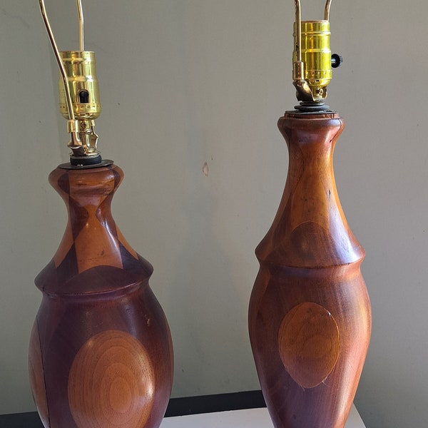 ONE Vintage Turned Teak Wood Lamp Solid Mid Century Modern #2 18"Tall