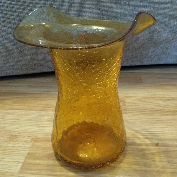 Vintage Rainbow Art Glass Top Hat Style Amber Crackle Vase 6.5" high Mod Decor Mid Century Modern Decor MCM