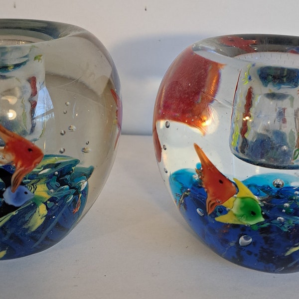 Vintage Pair of Art Glass Aquarium Candlesticks Candle Holders from Fortunoff  3" round