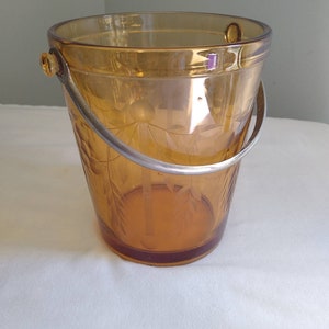 Vintage Amber Depression Glass Ice Bucket with Metal Handle 6" High with Etched Flowers