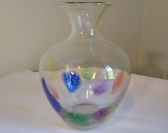 Vintage Dansk Glass Vase with Colorful Leaves Made in Romania 8.25" tall rainbow vase