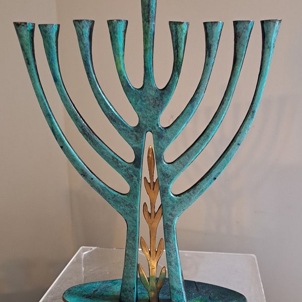 Vintage Pal-Bell Menorah Green Tree Branches with Brass Leaves Made In Israel Jewish Judaica Hanukkah Chanukah Candelabra 10.75" tall