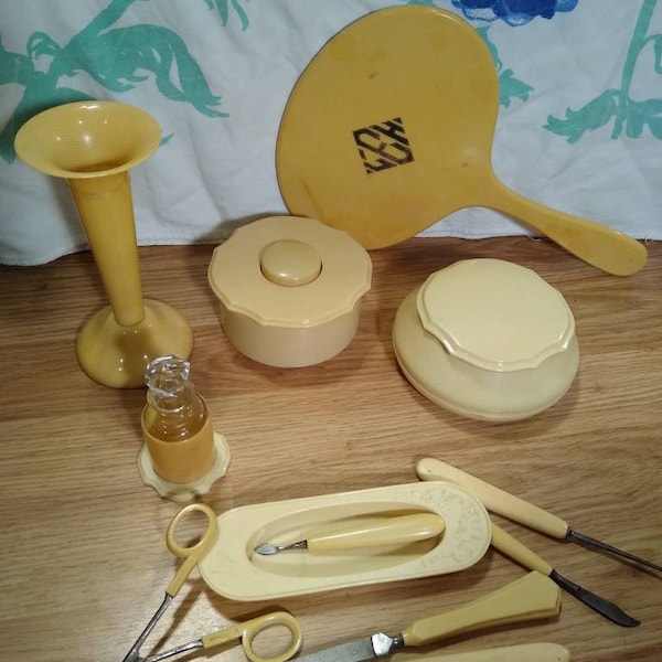 Large Set Du Barry Art Deco 1930's Celluloid Vanity Set Perfume Powder Mirror and Many Smalls 1920's or 30's Era