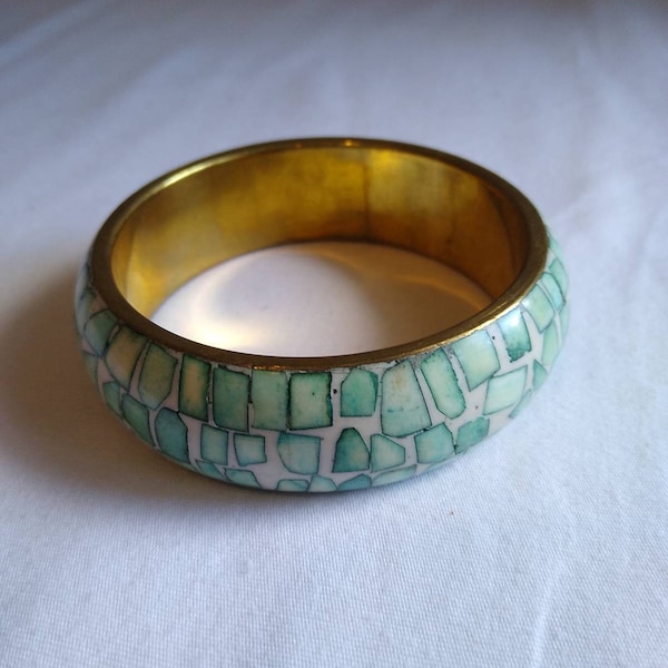 Bijoux Givenchy Ceramic Inlaid Mosaic Style Light Blue aqua Bangle Bracelet 2.5" interior diameter