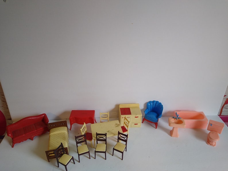 Lot Vintage Renwal Dollhouse Furniture Chairs Living Room Kitchen Bathroom Etc 1950s Mid Century MCM image 1