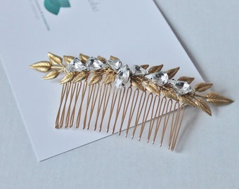 Bohemian Crystal & Gold Tone Brass leaf  branch hair comb