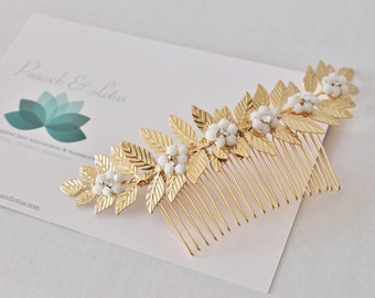 Shiny Gold Laurel Leaf Hair Comb With Beaded White Flowers