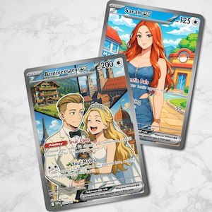 May include: Two collectible trading cards with anime-style illustrations. One card is labelled "Sarah EX" and depicts a woman with red hair. The other card is labelled "Anniversary EX" and shows a couple. Both cards have text and are set against a white marble background.